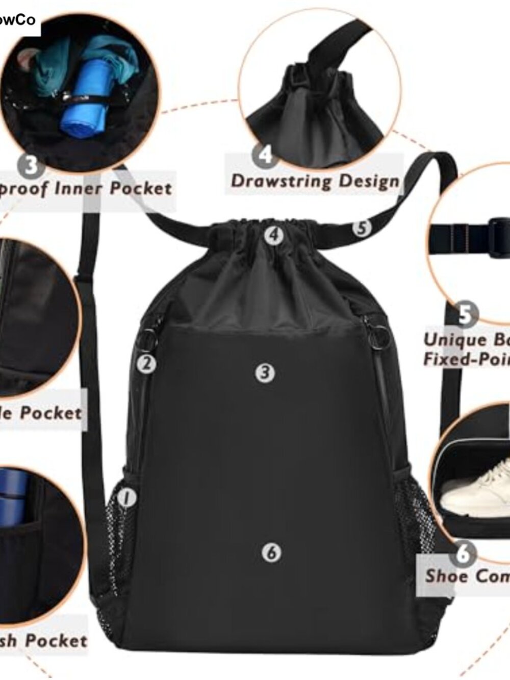 Large Waterproof Drawstring Backpack Gym Bag Shoe Compartment - Picture 2 of 6